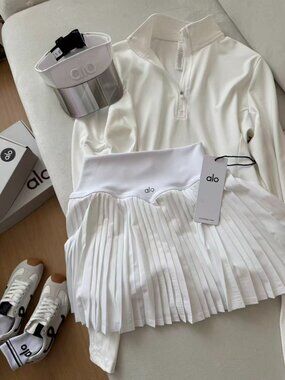 Alo Yoga Pure White Half-Zip Long-Sleeve Top + Pleated Mini Skirt Two-Piece Set